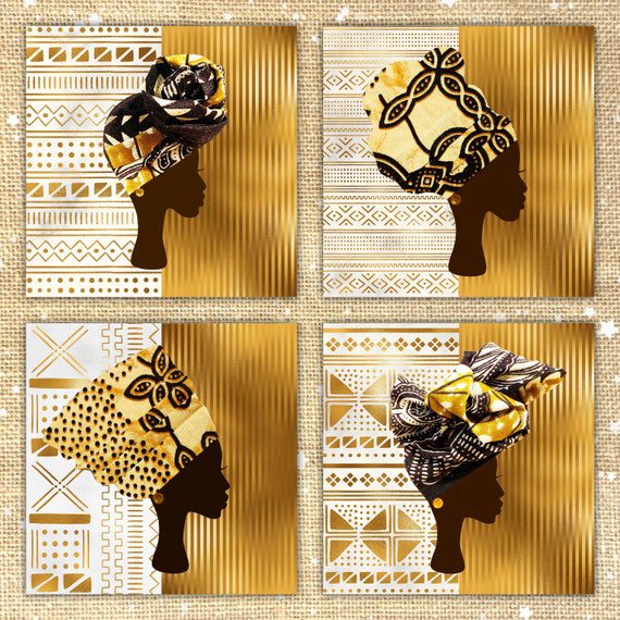 Pack of 4 gold white mudcloth headwrap printed cards