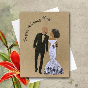 Interracial Wedding Card - White Man Black Woman, made with African fabric, skin shade choices