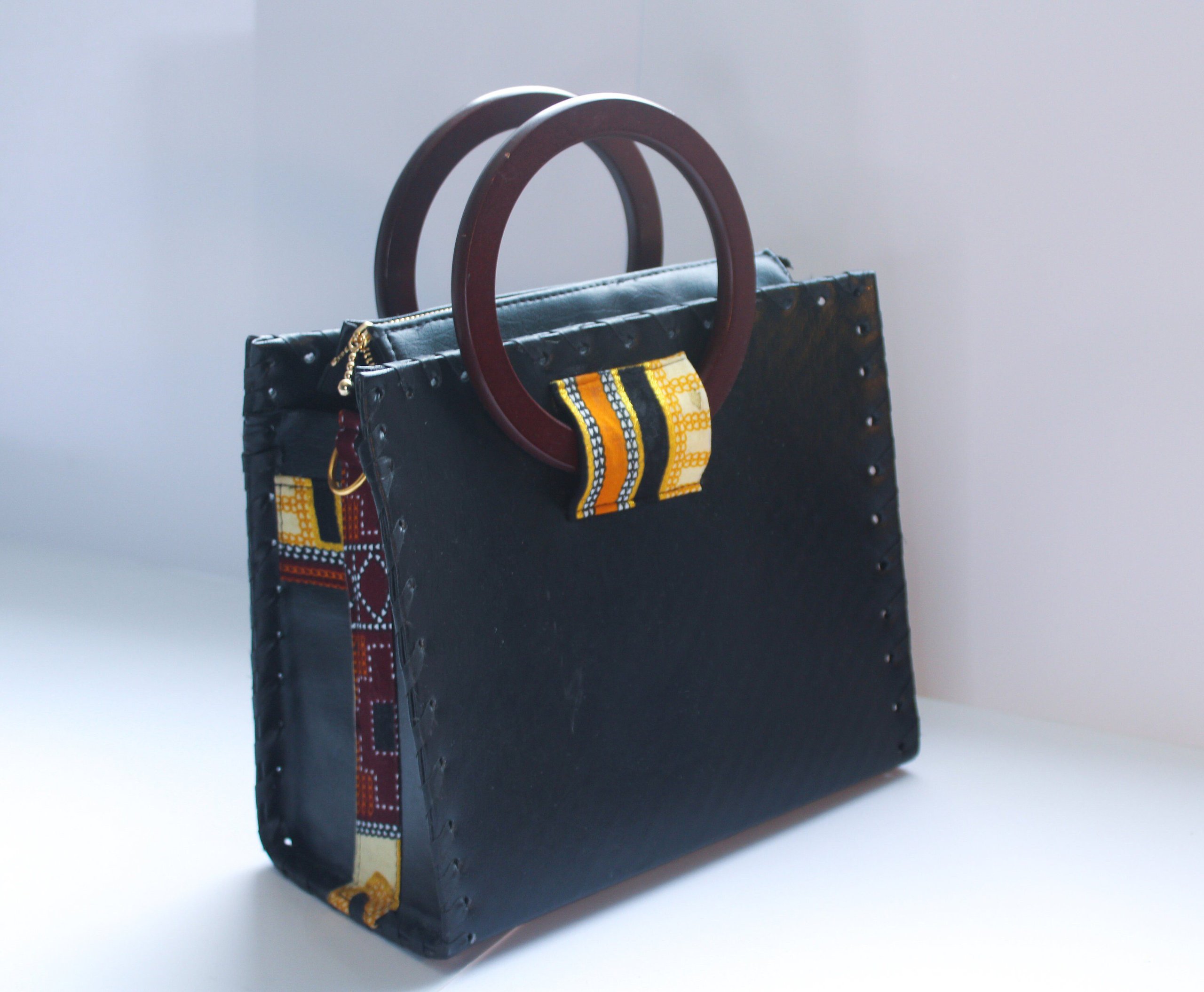 Black Vegan Leather Handcrafted Handbag with Wooden Handles & Golden Kente Detail | Wax Print African Fabric Bag | Shoulder Bag