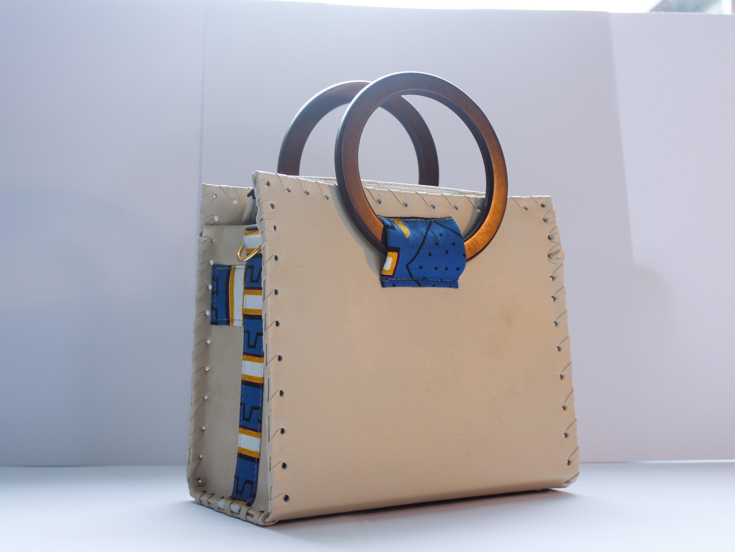 Beige Vegan Leather Handcrafted Handbag with Wooden Handles & Blue Ankara Detail | Wax Print African Fabric Bag | Shoulder Bag