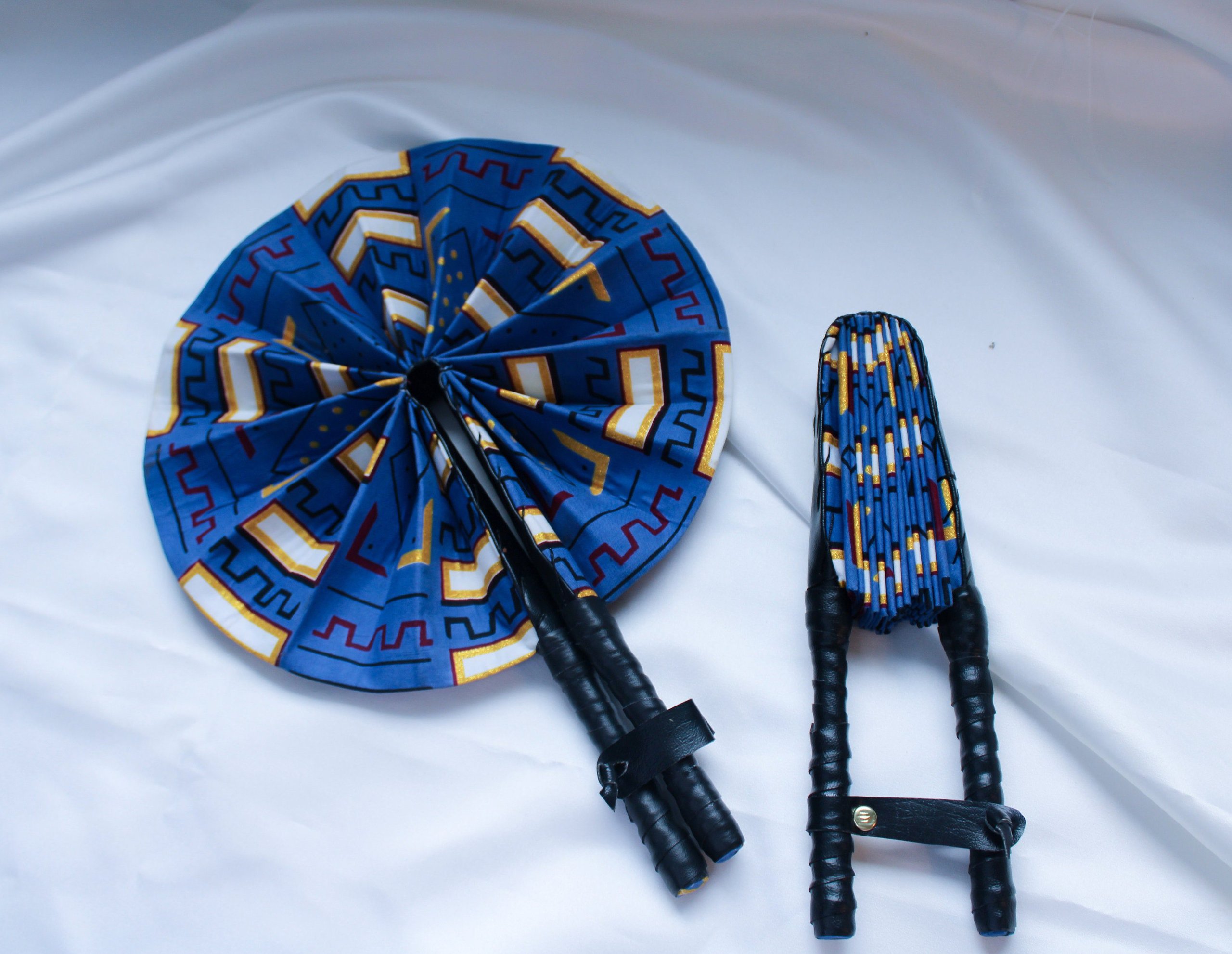 African Ankara Print Handheld Folding Fan – Blue African Wax Print