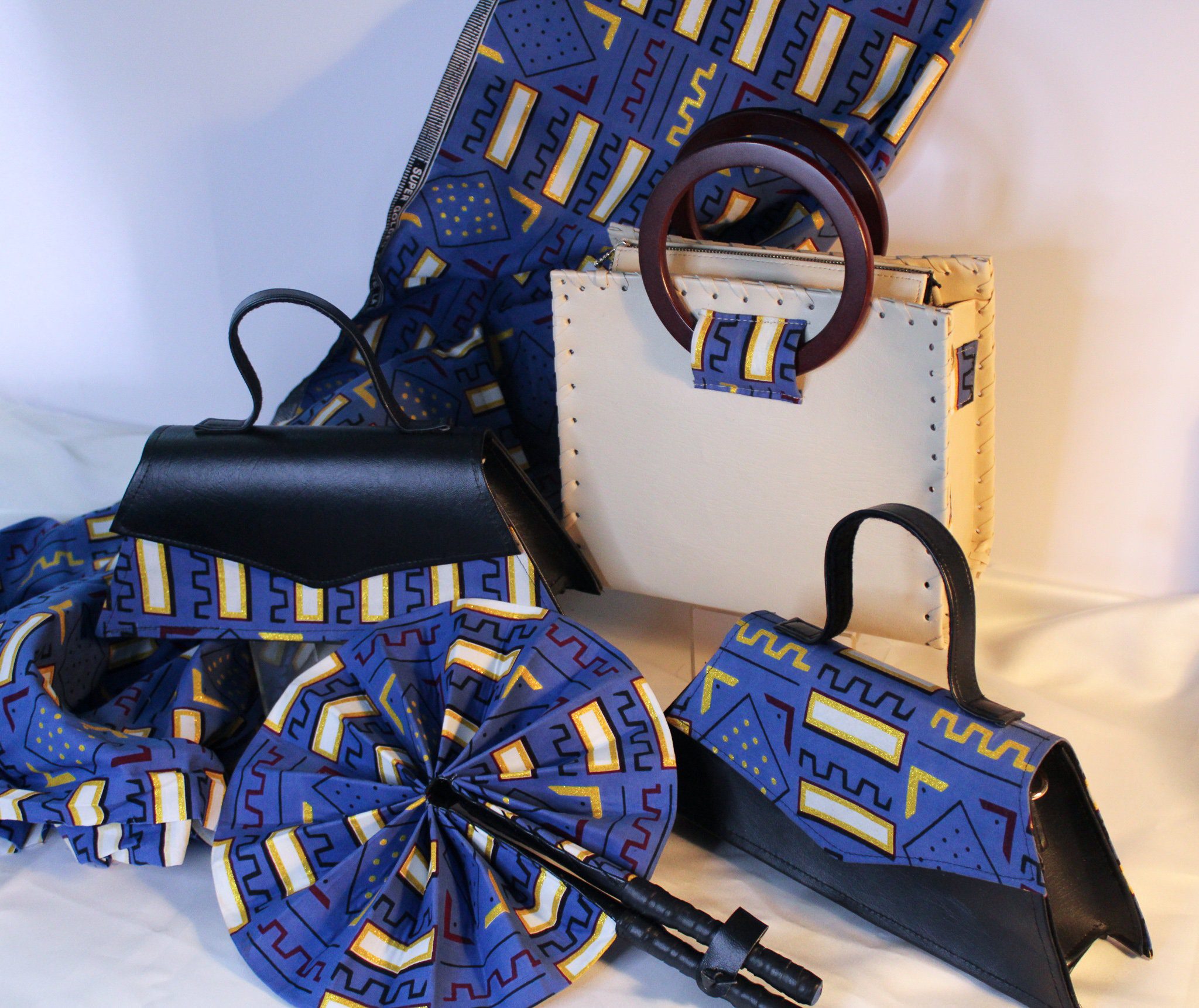 Beige Vegan Leather Handcrafted Handbag with Wooden Handles & Blue Ankara Detail | Wax Print African Fabric Bag | Shoulder Bag