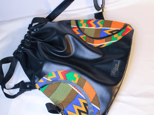 Black Vegan Leather Back Bag | Women Leather Cinch Sack Drawstring Backpack Unisex Leather Kente Print | African Print Fabric
