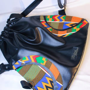 Black Vegan Leather Back Bag | Women Leather Cinch Sack Drawstring Backpack Unisex Leather Kente Print | African Print Fabric