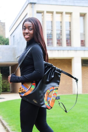 Black Vegan Leather Back Bag | Women Leather Cinch Sack Drawstring Backpack Unisex Leather Kente Print | African Print Fabric