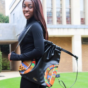 Black Vegan Leather Back Bag | Women Leather Cinch Sack Drawstring Backpack Unisex Leather Kente Print | African Print Fabric