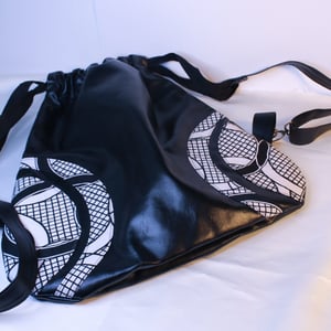 Black Vegan Leather Back Bag | Women Leather Cinch Sack Drawstring Backpack Unisex Leather Black & White Ankara | African Print Fabric