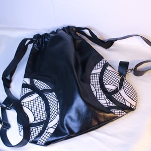 Black Vegan Leather Back Bag | Women Leather Cinch Sack Drawstring Backpack Unisex Leather Black & White Ankara | African Print Fabric
