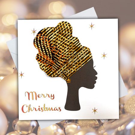 Black woman fabric Christmas card, can be personalised