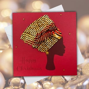 Black woman fabric Christmas card, can be personalised