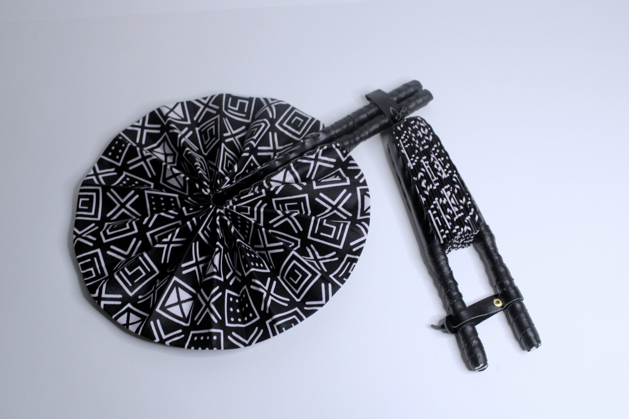 African Ankara Print Handheld Folding Fan – Black & White Geometric Print