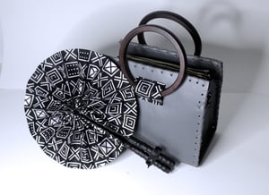 Grey Vegan Leather Handcrafted Handbag with Wooden Handles, Black & White Ankara Detail | Wax Print African Fabric Bag | Shoulder Bag