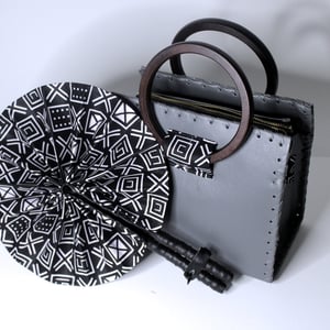 Grey Vegan Leather Handcrafted Handbag with Wooden Handles, Black & White Ankara Detail | Wax Print African Fabric Bag | Shoulder Bag