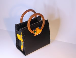 Black Vegan Leather Handcrafted Handbag with Wooden Handles, Modern Kente Print Ankara Detail | Wax Print African Fabric Bag | HandBag