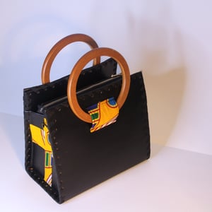 Black Vegan Leather Handcrafted Handbag with Wooden Handles, Modern Kente Print Ankara Detail | Wax Print African Fabric Bag | HandBag