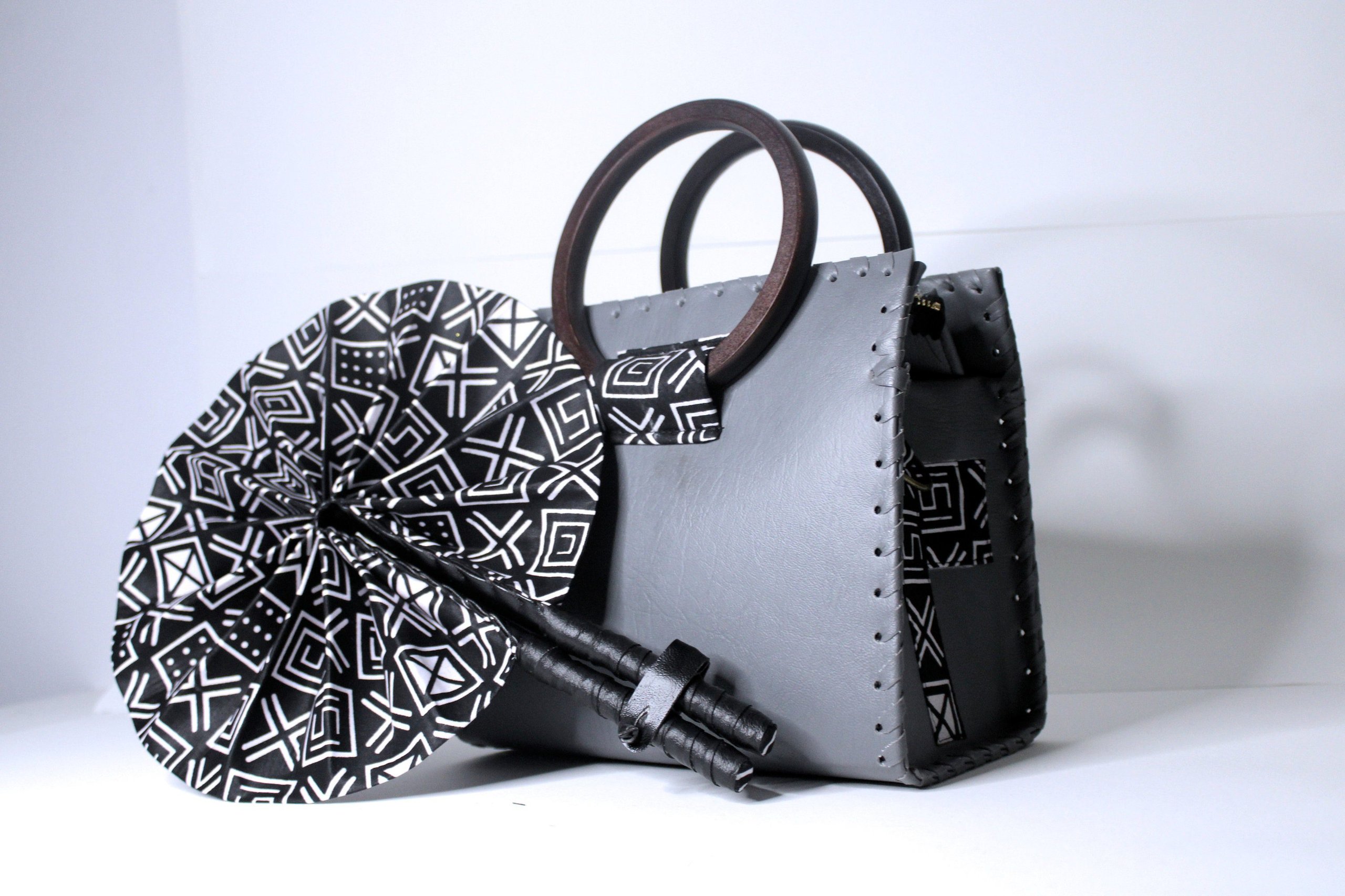 Grey Vegan Leather Ankara Handbag Set – w/ Fan & Wallet