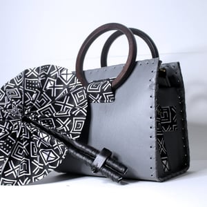 Grey Vegan Leather Handcrafted Handbag - Black & White Ankara