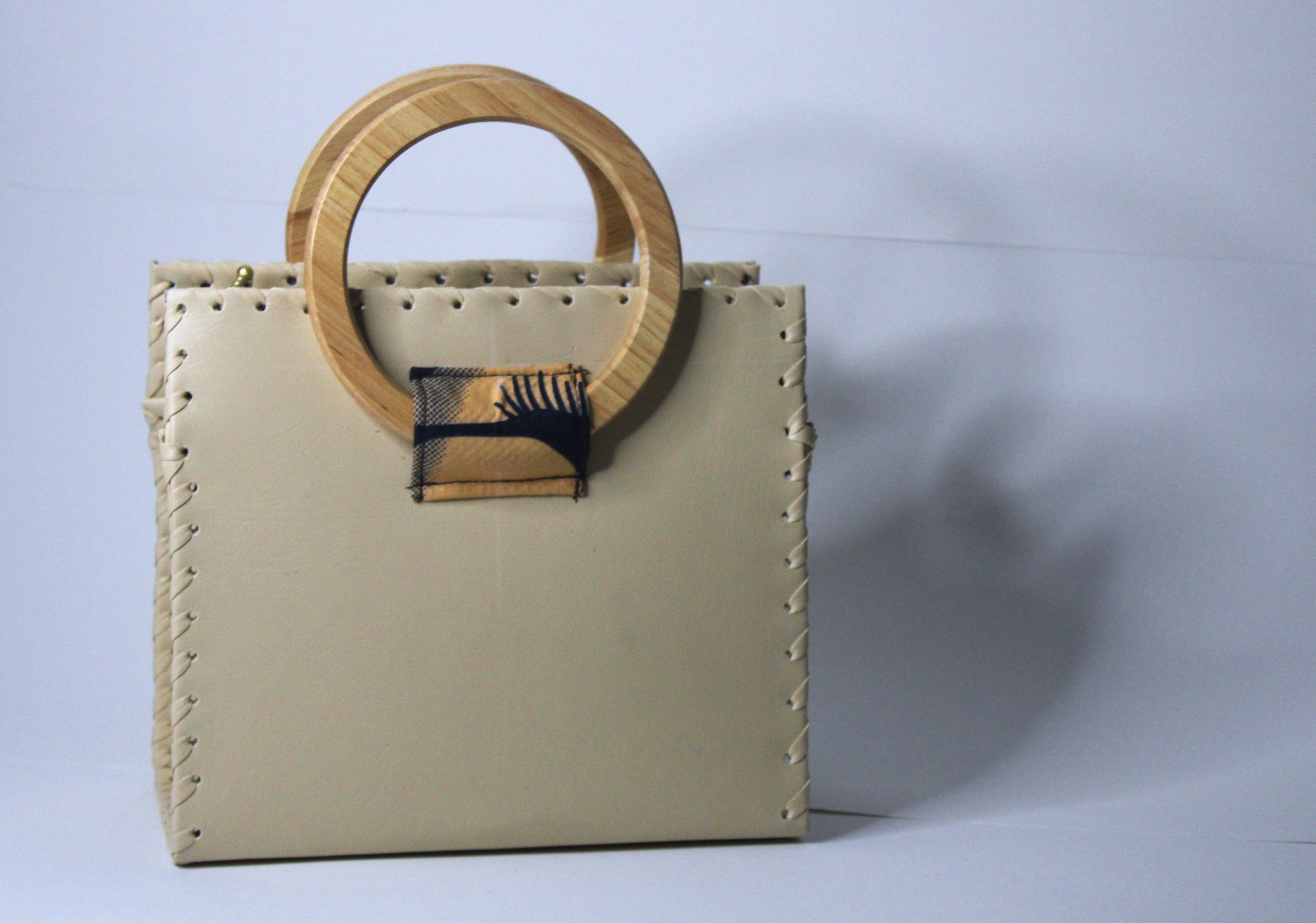 Beige Vegan Leather Handcrafted Handbag with Wooden Handles & Floral Ankara Detail | Wax Print African Fabric Bag | HandBag