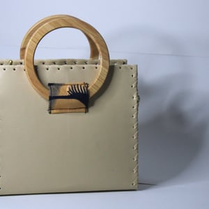 Beige Vegan Leather Handcrafted Handbag with Wooden Handles & Floral Ankara Detail | Wax Print African Fabric Bag | HandBag