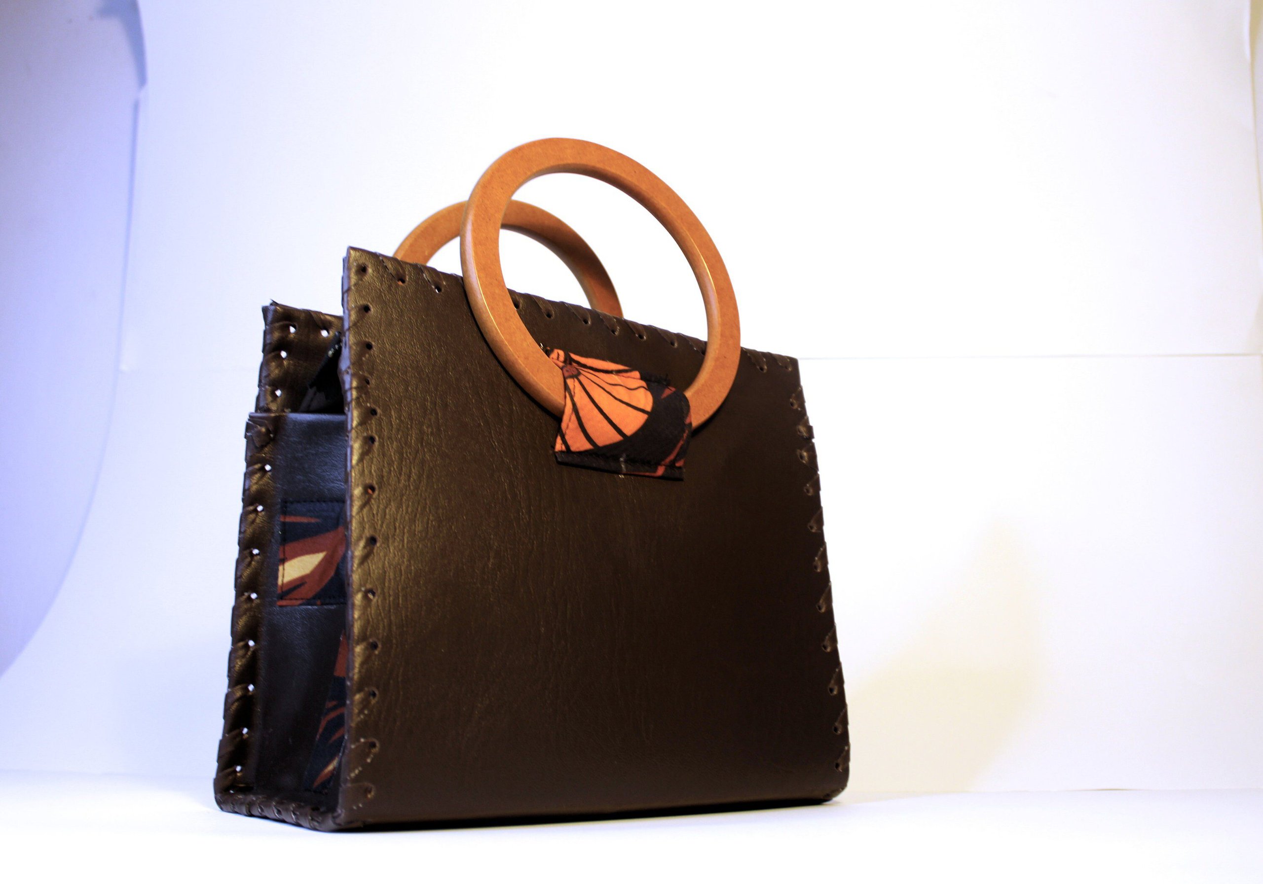 Brown Vegan Leather Handcrafted Handbag with Wooden Handles & Autumn Leaf Ankara Detail Print | Wax Print African Fabric Bag | HandBag