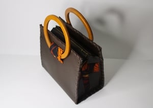 Brown Vegan Leather Handcrafted Handbag with Wooden Handles & Autumn Leaf Ankara Detail Print | Wax Print African Fabric Bag | HandBag