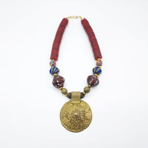 Burgundy Discs Glass Beads Brass Medallion Handmade African Necklace