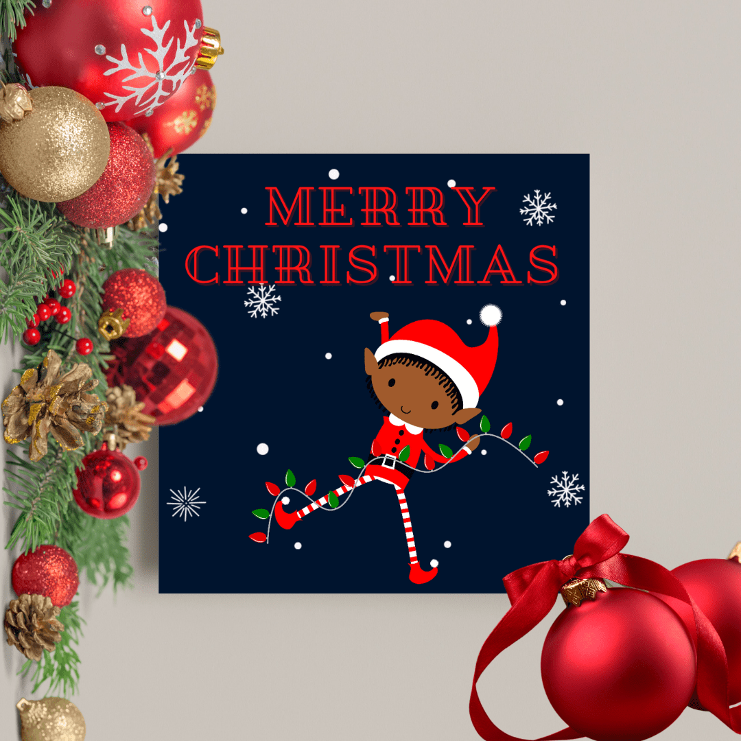 Black Elf Square Christmas Card with baubles