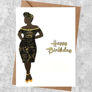 Card for a queen in a black gold fabric dress - can be pesonalised