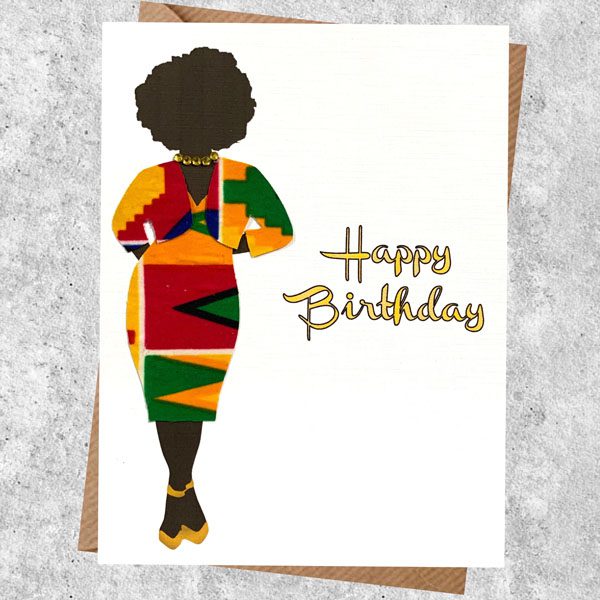 Card for a queen in an orange kente fabric dress – can be personalised