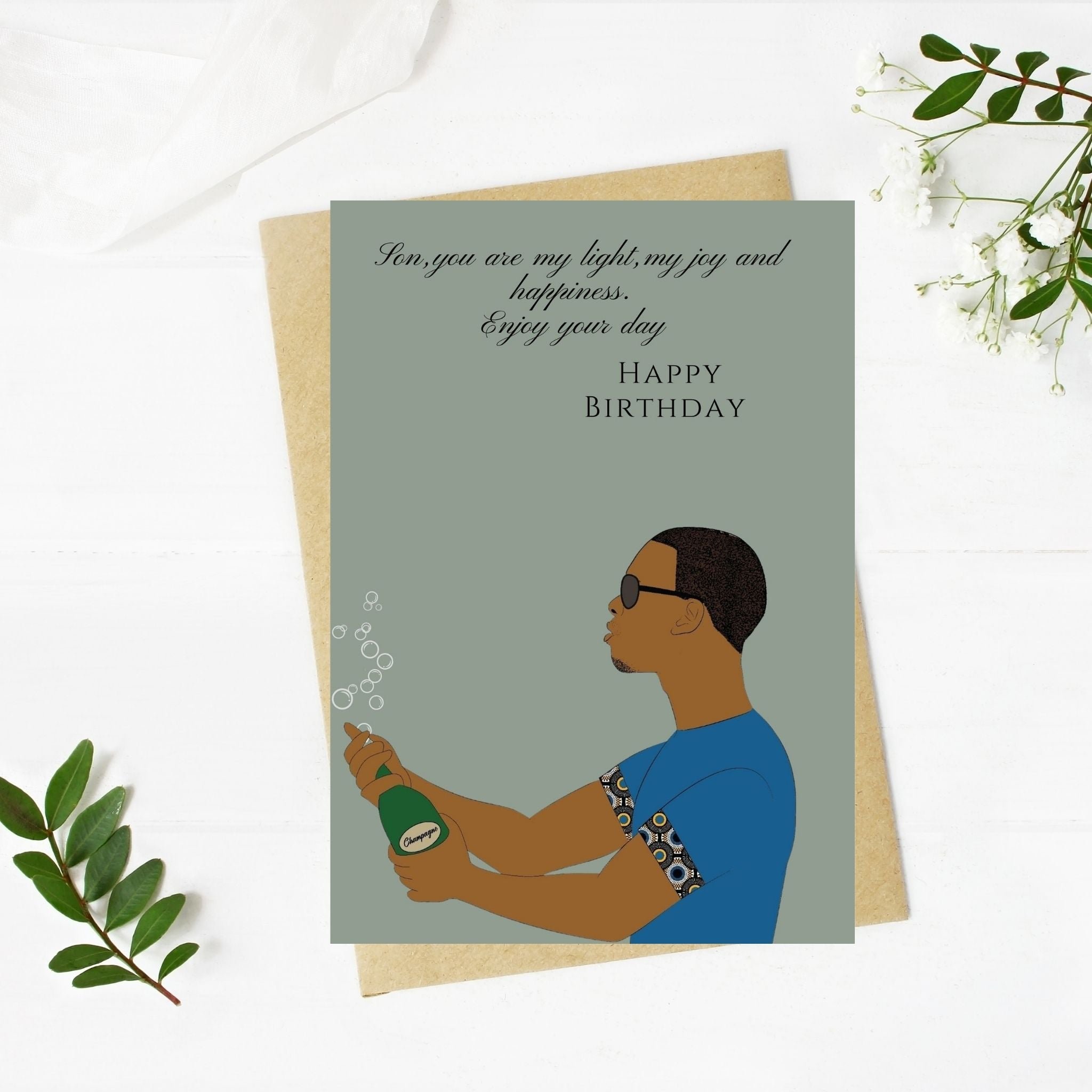 Black Man with Champagne Bottle Birthday Card for Son