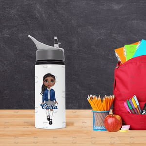 Girl Skirt Blue Cardigan Uniform School Kids Water Bottle