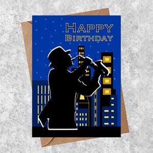 Cityscape birthday card for a music lover