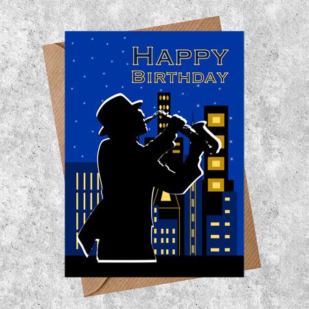 Cityscape birthday card for a music lover