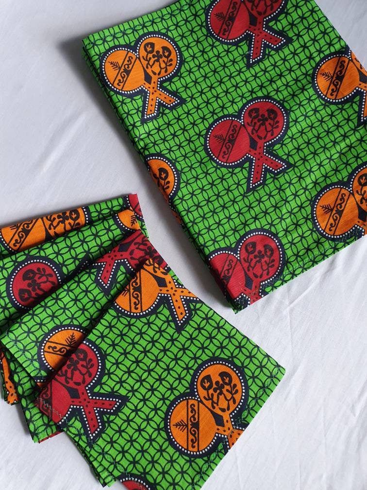 African Print Table Runner and Napkins Set - Green
