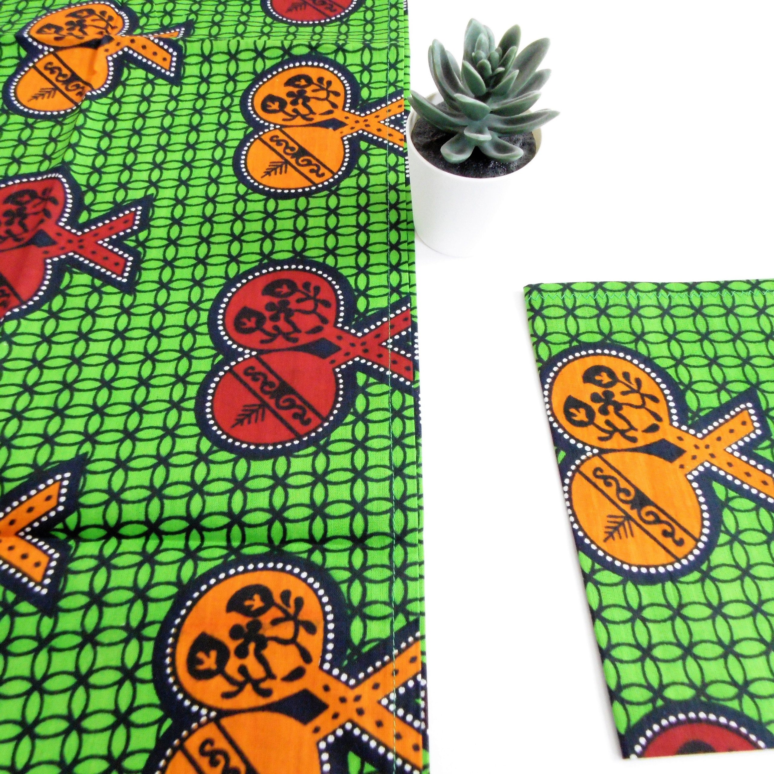 African Print Table Runner and Napkins Set - Green