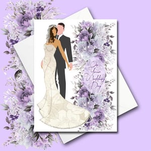 Interracial Couple Floral Wedding Card - White Man Black Woman, skin shade/hair colour choices