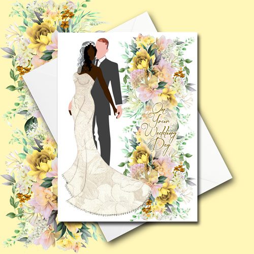 Interracial Couple Floral Wedding Card – White Man Black Woman, skin shade/hair colour choices