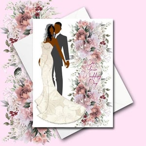 Black couple floral wedding card, skin shade options