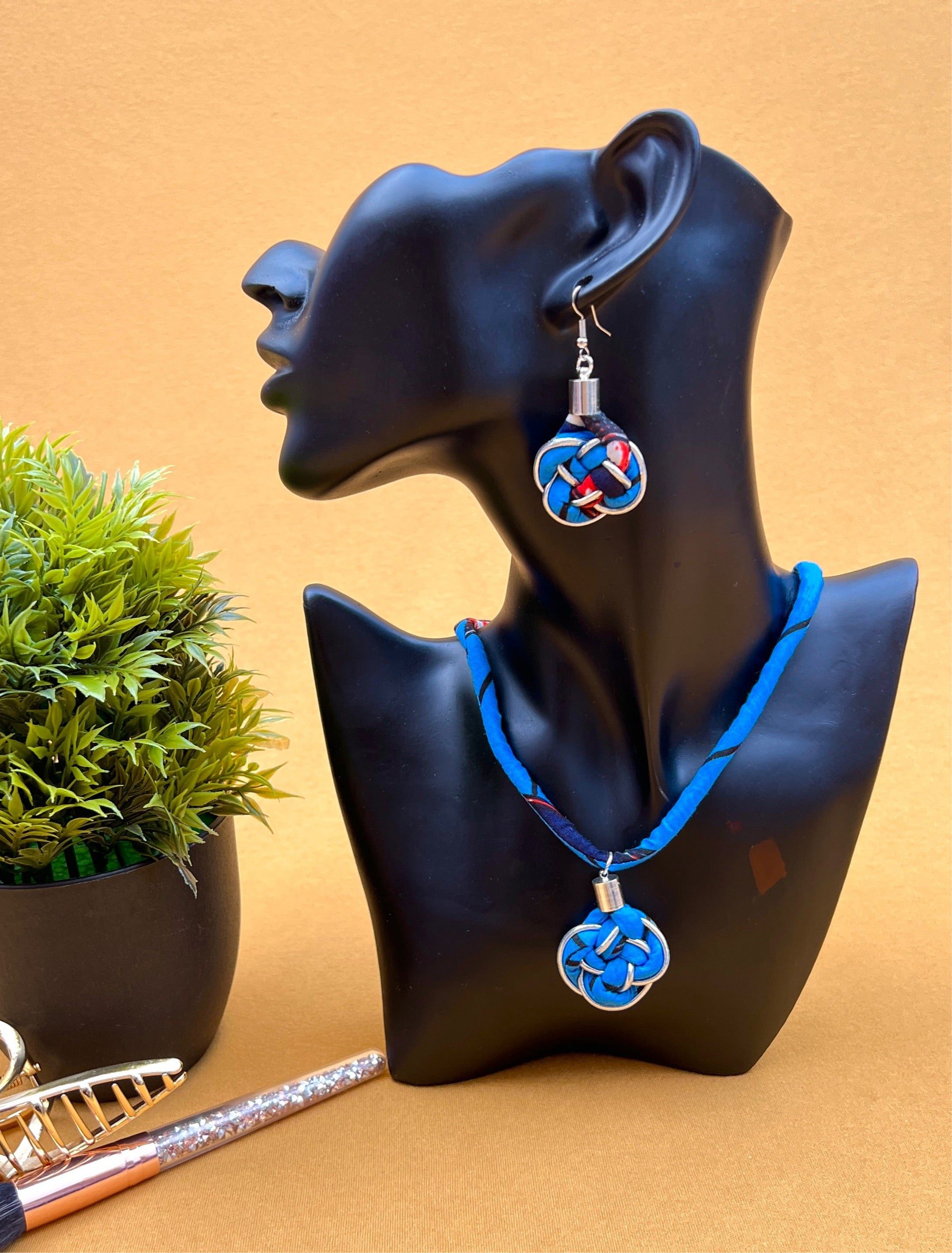 African Print Knotted Necklace and Earrings Set – Blue and Silver