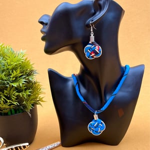 African Print Knotted Necklace and Earrings Set - Blue and Silver