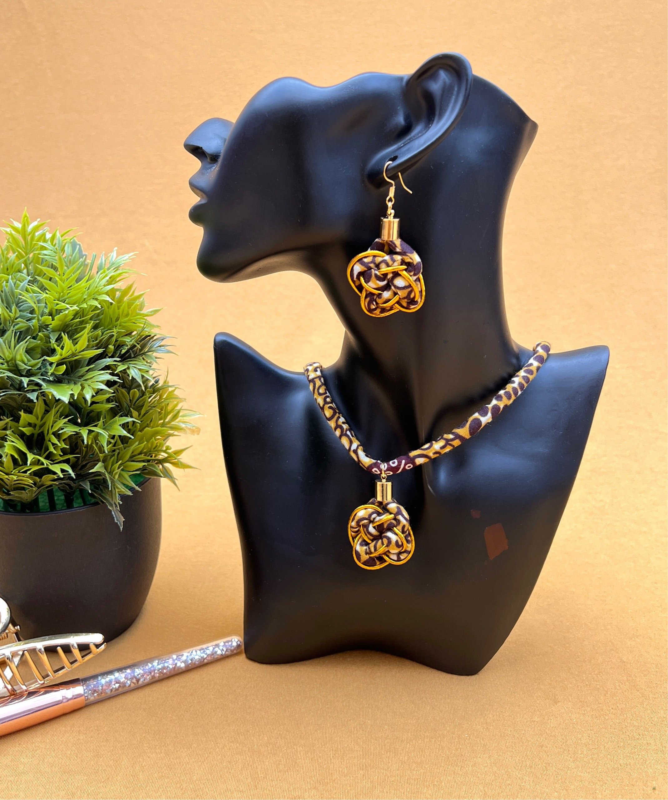 African Print Knotted Necklace and Earrings Set – Brown and Gold