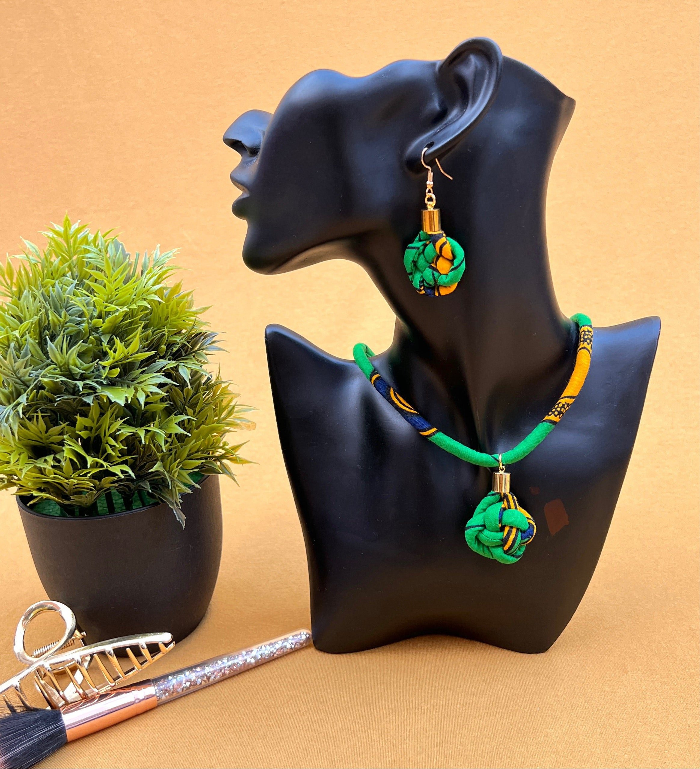African Print Knotted Necklace and Earrings Set – Green