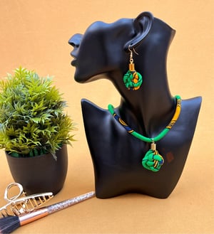 African Print Knotted Necklace and Earrings Set - Green
