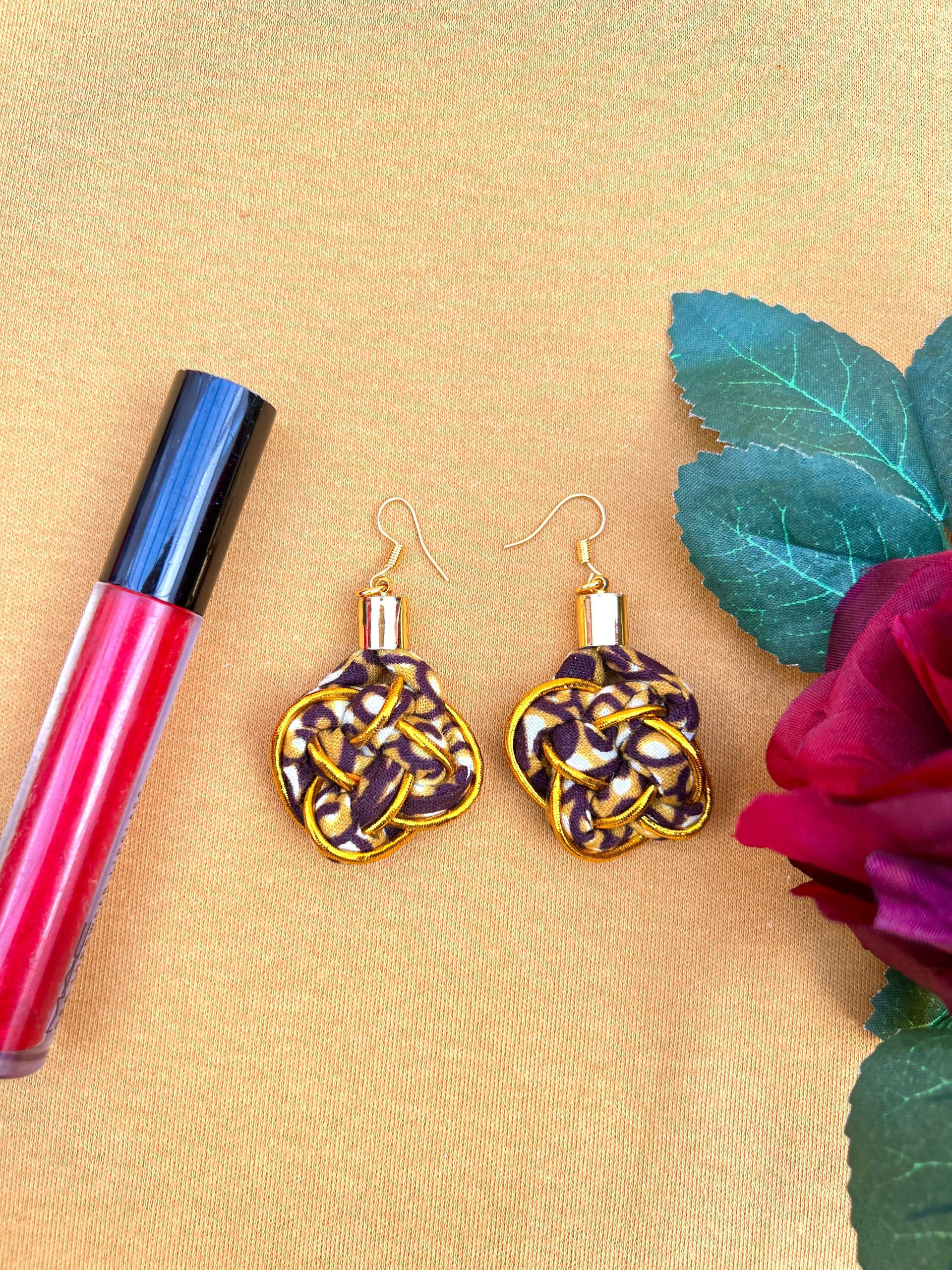 African Print Knotted Hook Earrings – Brown and Gold