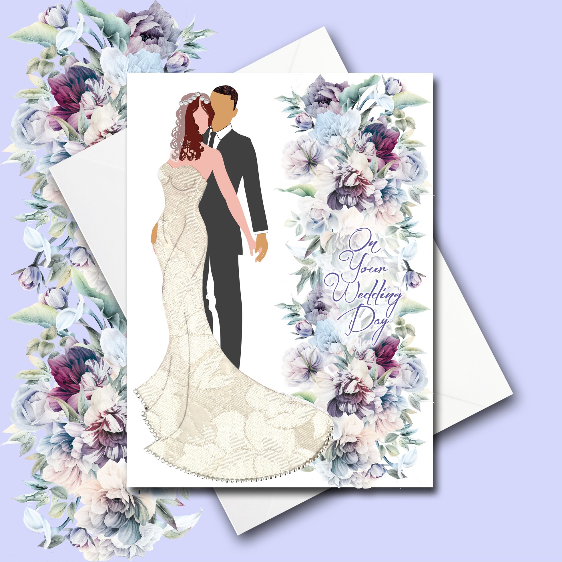 Interracial Couple floral Wedding Card – black man white woman – skin shade/hair colour options