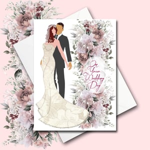 Interracial Couple floral Wedding Card - black man white woman - skin shade/hair colour options