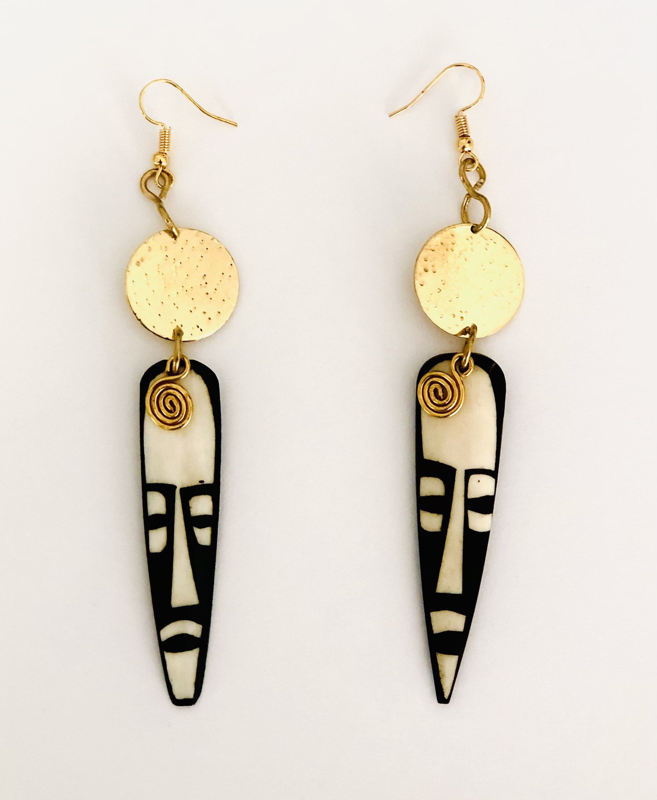 African Bone Brass Earrings with Mask Face