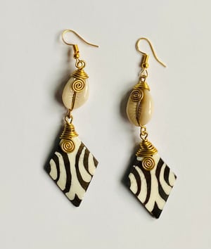 African Bone Earrings | Brass Wire and Cowrie Shell Handmade | Zebra Print