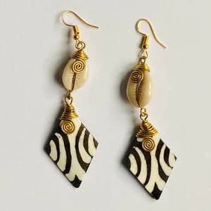 African Bone Earrings | Brass Wire and Cowrie Shell Handmade | Zebra Print
