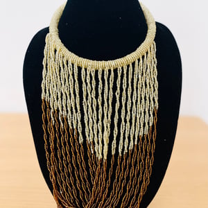 African Maasai Handmade Beaded Necklace | Fringe Necklace | Multiple Strands | Beige Brown